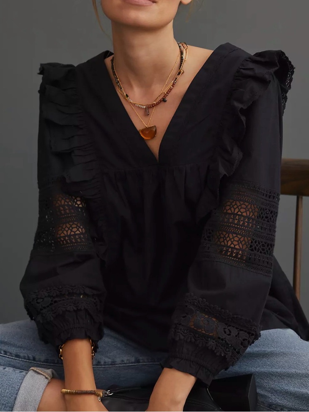 Anthropologie Ruffled Blouse Black Crochet Lace Sleeve Small NWT